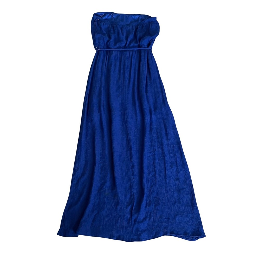 Corey P Womens Blue Strapless Maxi Dress Large Ruffle Front Tie Waist Textured - Picture 10 of 14
